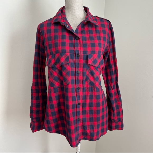 Sanctuary Navy Plaid Long Sleeve Snap Down Shirt Top Blouse Small - Picture 4 of 16